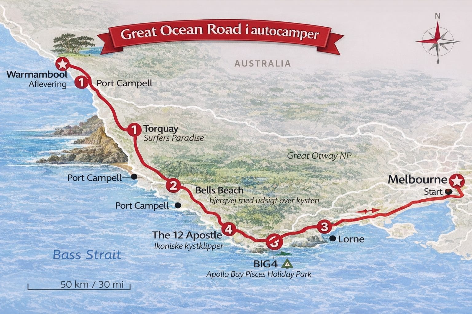 Great Ocean Road kort over ruten